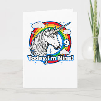 Kid's 9th Birthday Unicorn Rainbow Today I'm Nine Card
