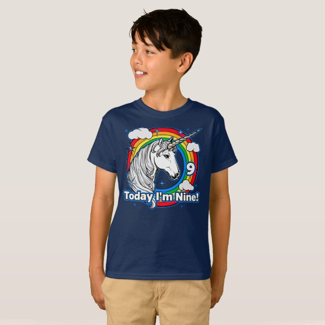 Kid's 9th Birthday Unicorn Rainbow Today I'm Nine T-Shirt (Front Full)