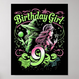 Kids 9th Birthday Witch Pink And Green 9 Years Old Poster