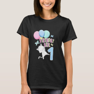 Kids A Girls 1st B Day Cat Balloons & Butterfly I T-Shirt