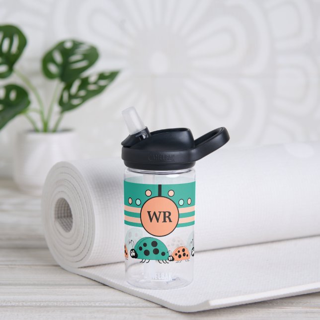 Kids add initials ladybugs green coral water bottle (Yoga)