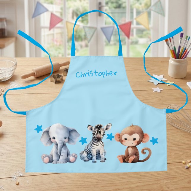 Kid's add name cute animals stars blue apron (Creator Uploaded)