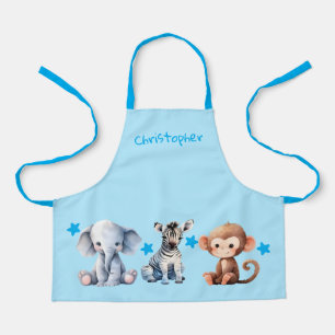 Kid's add name cute animals stars blue apron