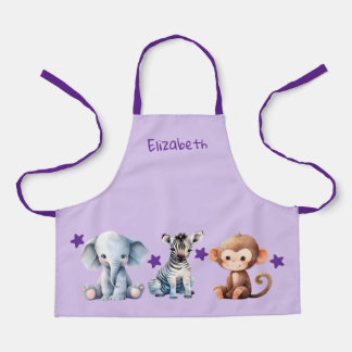 Kid's add name cute animals stars purple apron