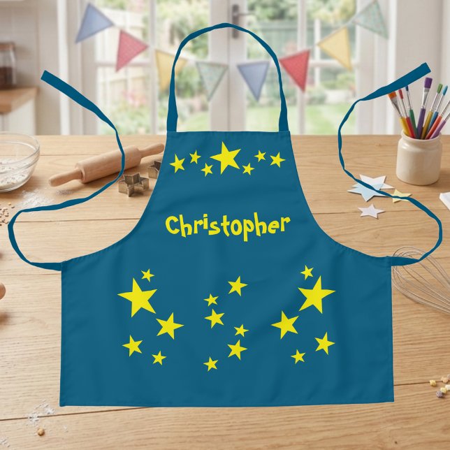 Kid's add name stars yellow blue apron (Creator Uploaded)