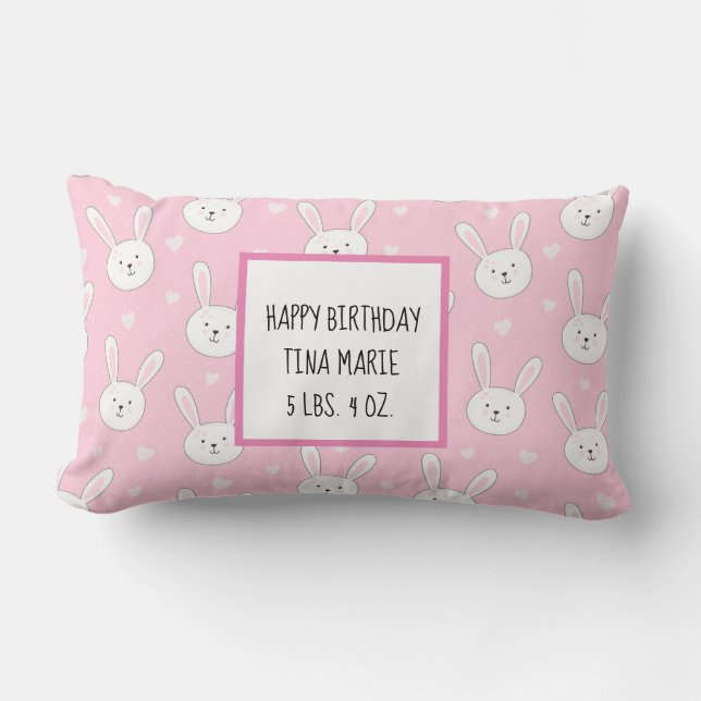 Kids Adorable Bunny Rabbit Easter Pink Hearts Lumbar Cushion (Front)