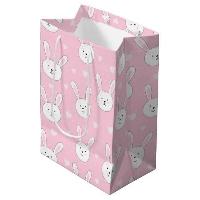 Kids Adorable Bunny Rabbit Easter Pink Hearts Medium Gift Bag (Front Angled)