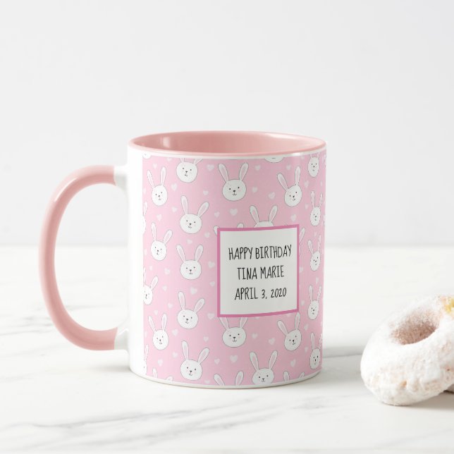 Kids Adorable Bunny Rabbit Easter Pink Hearts Mug (With Donut)