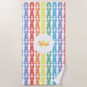 Kids Adorable Personalised Rainbow Bunny Pattern Beach Towel
