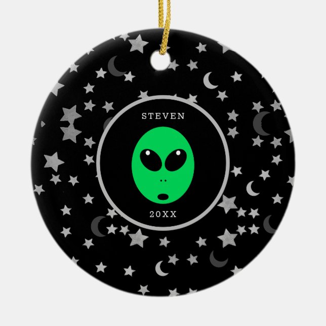 Kids Alien Space Galaxy Personalized Christmas Ceramic Tree Decoration (Front)