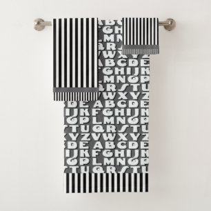 Kids Alphabet Black Grey Stripes Bath Towel Set