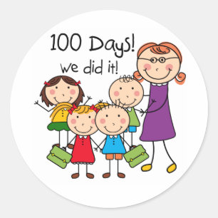 Kids and Female Teacher 100 Days Classic Round Sticker