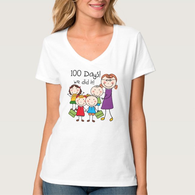 Kids and Female Teacher 100 Days T-Shirt (Front)