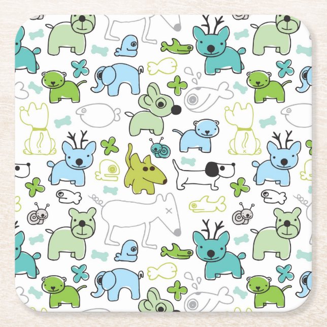 kids animal background pattern square paper coaster (Front)