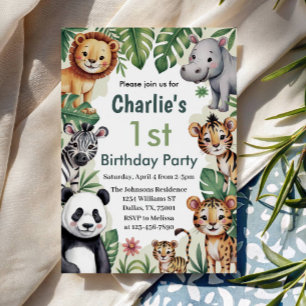 Kids Animal Jungle 1st Birthday Party Invitation