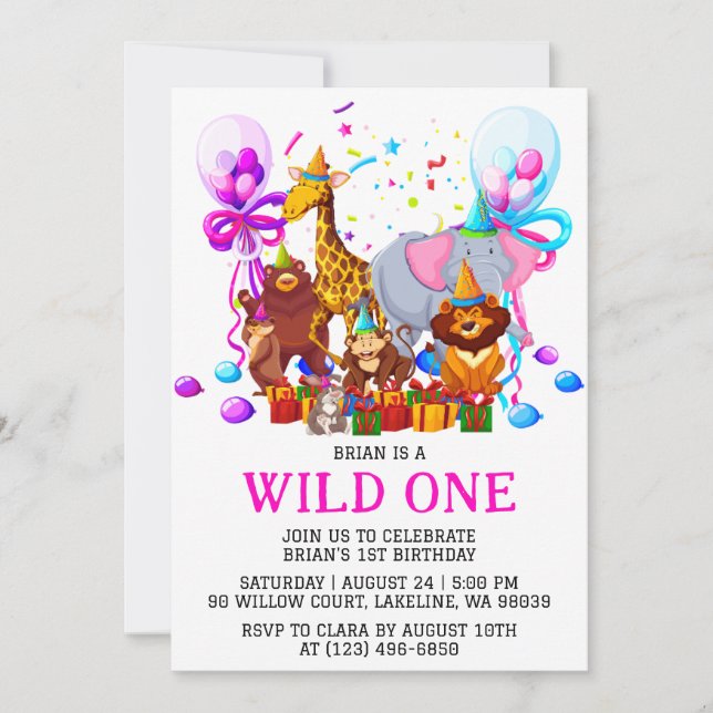 kids animal jungle wild one first birthday invitation (Front)