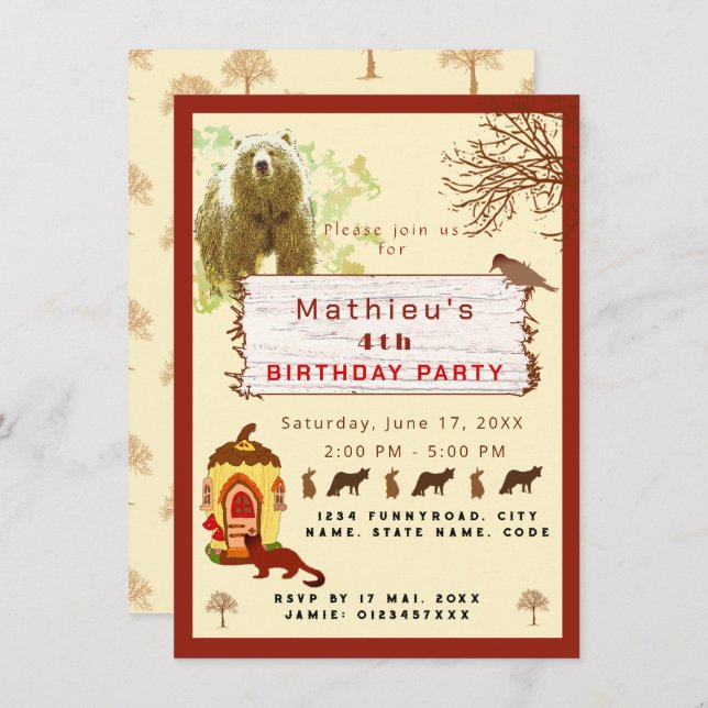 Kids animals and trees birthday party invitation (Front/Back)