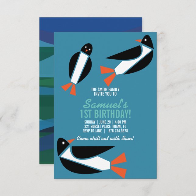 kids ANY AGE ocean PENGUIN BIRTHDAY party Invitation (Front/Back)