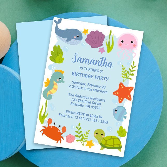 Kids Aquatic Animals Cute Birthday Invitation (Make your child's party unforgettable with our vibrant aquatic animals birthday card! Dive into fun!)