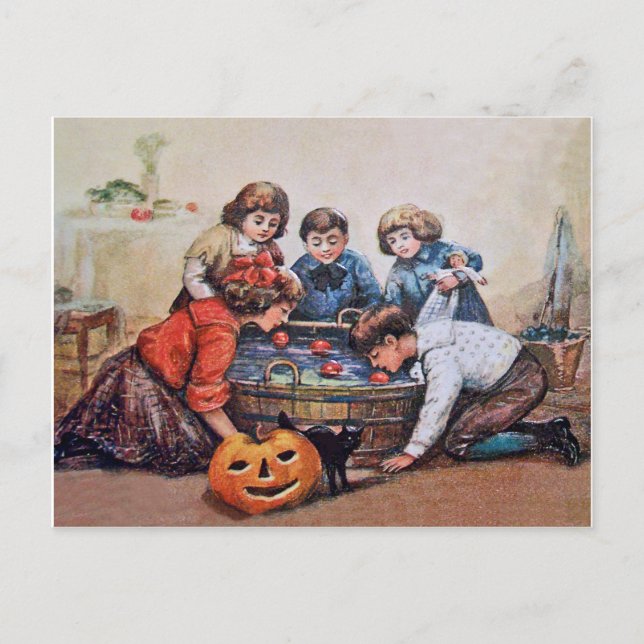 Kids are bobbing for apples on Halloween Postcard (Front)