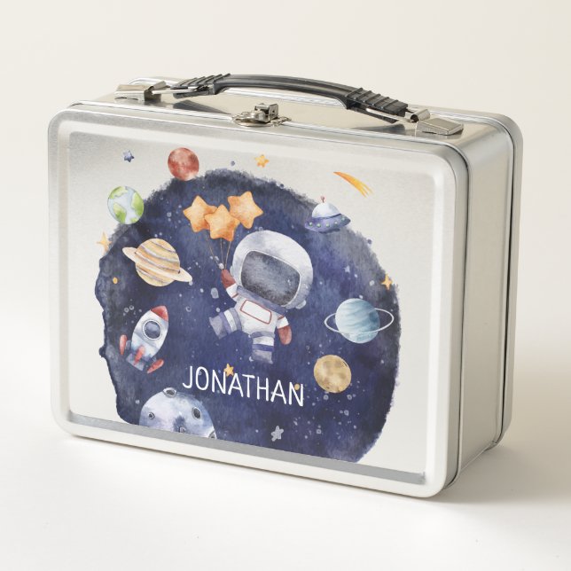 Kids Astronaut Galaxy Personalised Name Metal Lunch Box (Front)