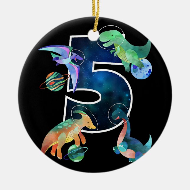 Kids Astronaut Outer Space Dinosaurs 5th Birthday  Ceramic Tree Decoration (Front)