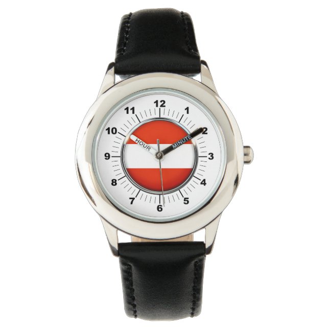 Kid's Austria Flag Black Leather Strap Watch (Front)