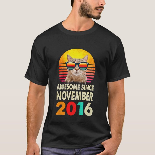 Kids Awesome Since November 2016 6th Birthday Cat  T-Shirt (Front)