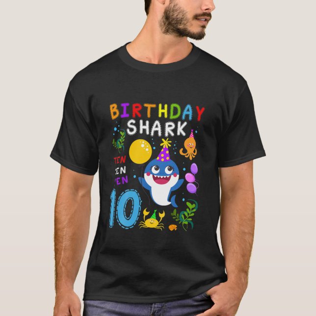Kids Baby Cute Shark 10Th Birthday Boy Girl 10 Yea T-Shirt (Front)