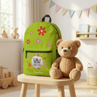 Kids backpack green with photo - flowers - pink re
