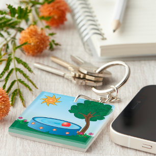 Kids Backyard Pool Scene with Sun Tree Key Ring
