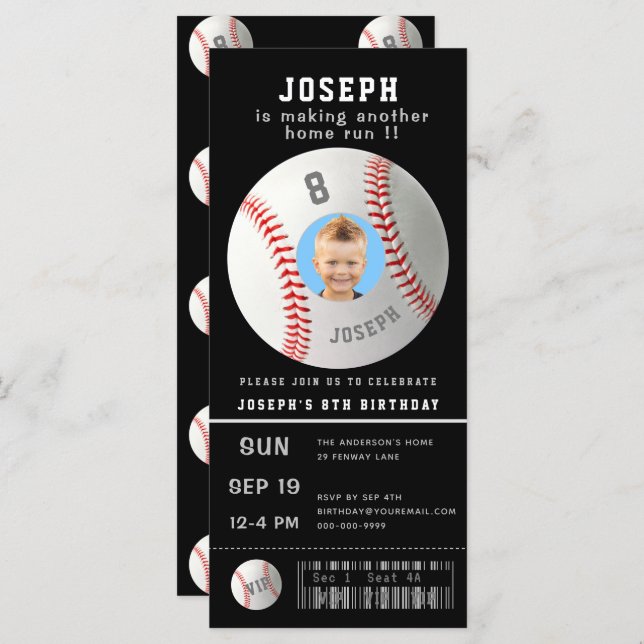 Kids Baseball Custom Photo Sport Ticket Invitation (Front/Back)