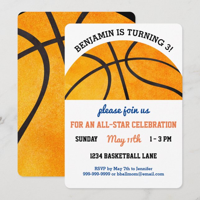 Kids Basketball Birthday Party Sports Themed Cute Invitation (Front/Back)