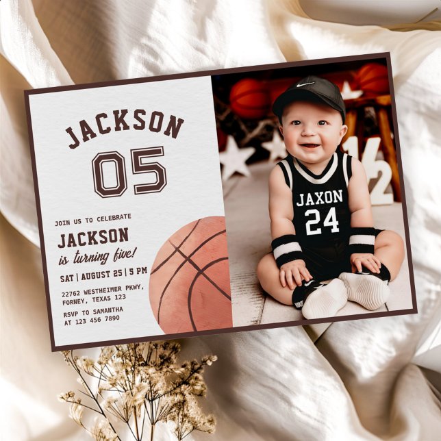 Kids Basketball Watercolor Birthday Party Photo Invitation (Creator Uploaded)