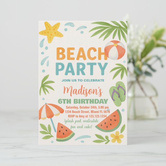 Kids Beach Birthday Invitation & Decor (Standing Front)