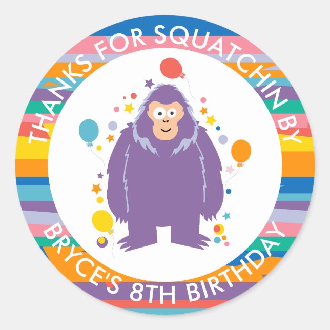 Kids Bigfoot Birthday Thank You Classic Round Sticker (Front)