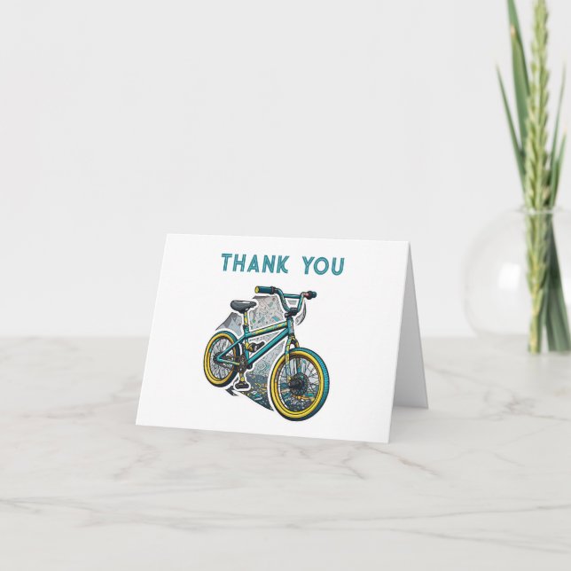 Kids Bike BMX Party. Racing adventure boy birthday Thank You Card (Front)