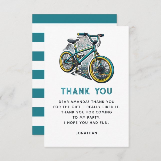 Kids Bike BMX Party. Racing adventure boy birthday Thank You Card (Front/Back)