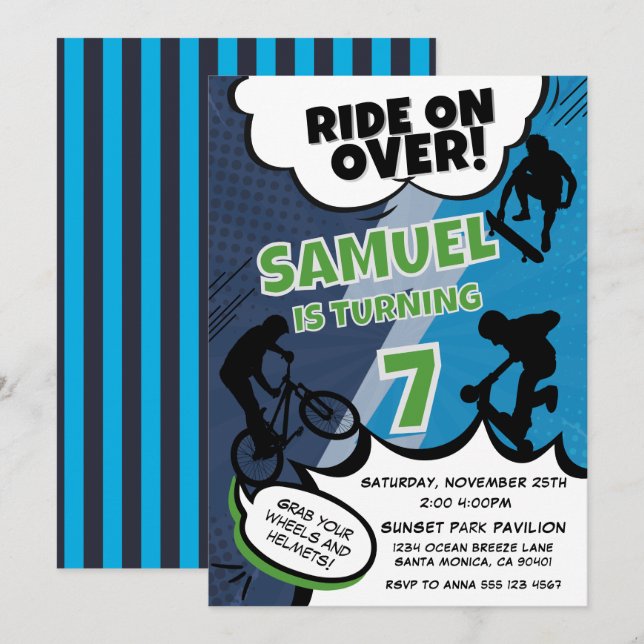Kids Bike, Skateboard & Scooter Birthday Party  Invitation (Front/Back)
