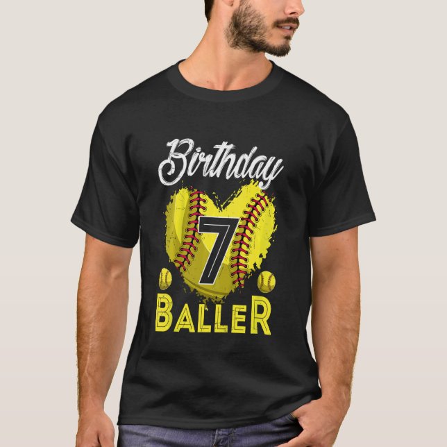 Kids   Birthday Baller 7 Years Old Softball 7thbda T-Shirt (Front)