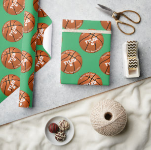 Kid's Birthday, Basketball, Name Age, Green Wrapping Paper