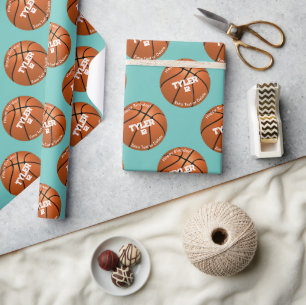 Kid's Birthday, Basketball, Name Age, Light Teal Wrapping Paper