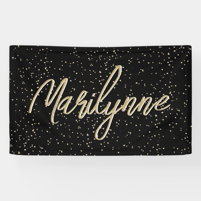Kid's Birthday Black Gold Glitter Name Banner (Horizontal)