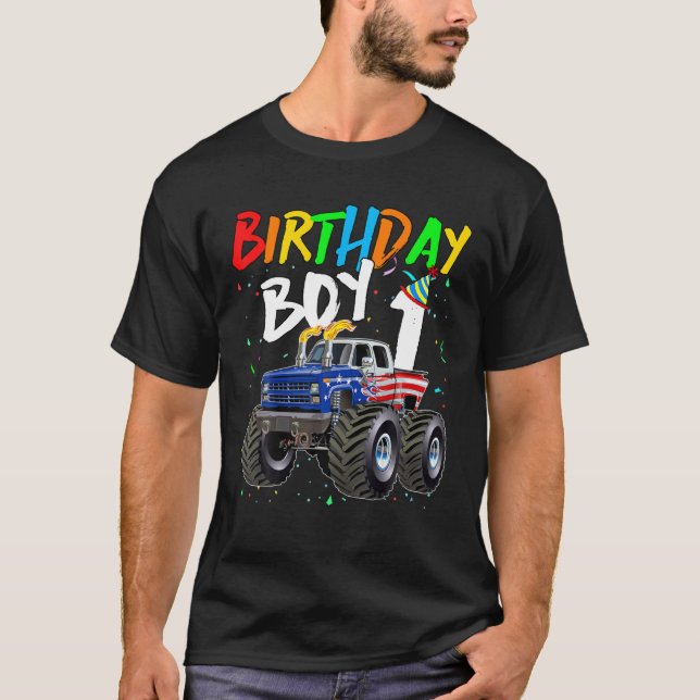 Kids Birthday Boy 1 Year Old Monster Truck Flag 1S T-Shirt (Front)