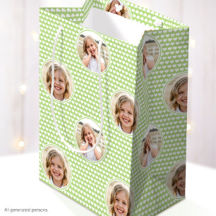 Kids Birthday Custom Photo Green Hearts Medium Gift Bag