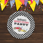 Kids Birthday Cute Boy Cartoon Race Cars Paper Plate<br><div class="desc">This fun race car Kids' birthday party has cute decor, for kids boy whimsical children, with a cartoon race cars track derby, cool auto racing sports cars, boys' birthday party paper plates, minimalist red yellow colourful, a retro chequered flag speedway, trendy stylish typography, kids birthday party supplies, a celebration fun...</div>