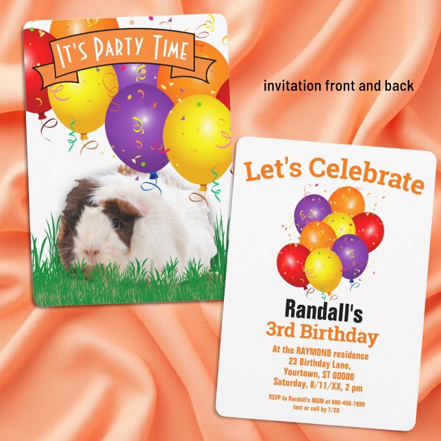 Kid's Birthday Guinea Pig Balloons Orange Banner Invitation (invitation front and back)