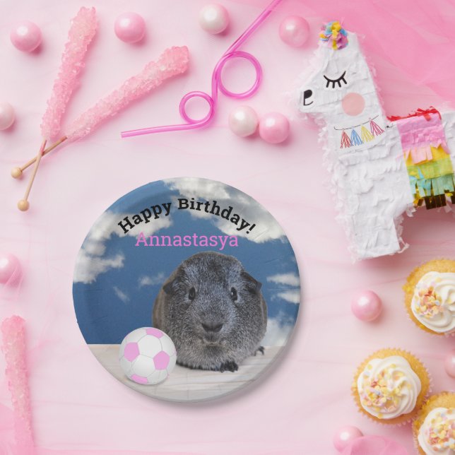 Kids Birthday Guinea Pig Pink Soccer Ball Custom Paper Plate (Party)