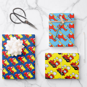 Kid's Birthday heli, truck and red choo choo train Wrapping Paper Sheet