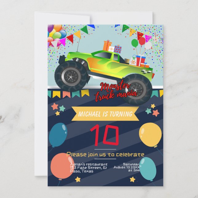 Kids birthday invitation: Monster truck mania, QR Invitation (Front)